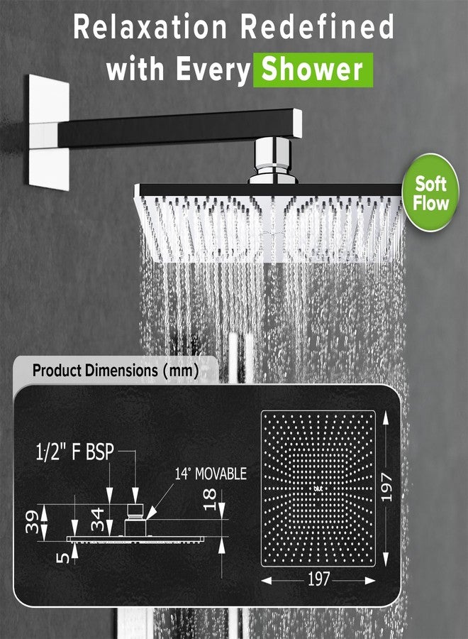 BIUT 8x8” Breeza Square Overhead Shower SS-304 Grade Soft Flow Stainless Steel Polished Chrome Finish High Pressure Showerhead with Silicone Nozzle Without Arm Rain Showers for Bathroom (1Pc) - Image 2